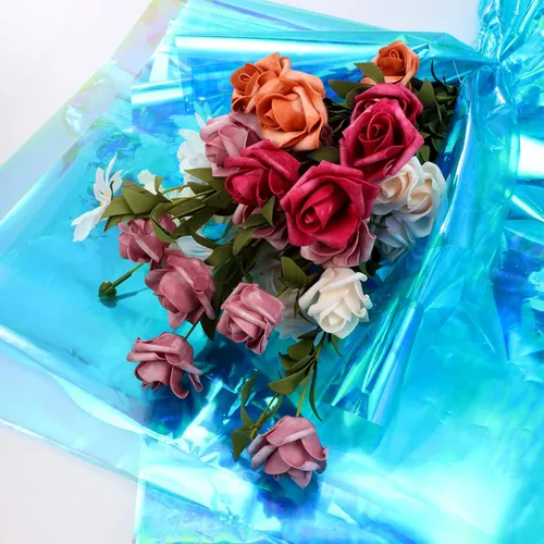 Vista 6 de Outus Película de celofán iridiscente de celofán arcoíris, decoración de manualidades para cestas de regalo, suministros de mariposas de hadas, Azul