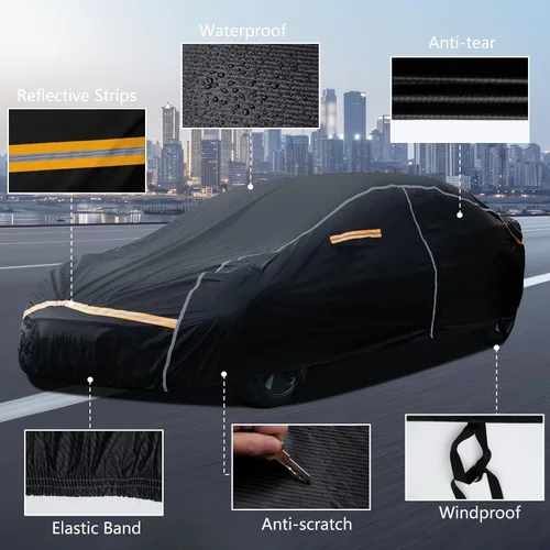 Vista 6 de Funda impermeable para automóvil para todo tipo de clima, 6 capas para automóviles, cubierta exterior completa con cremallera, cubierta exterior
