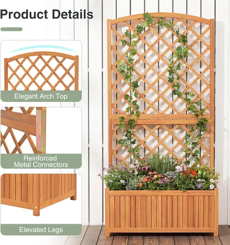 Vista 4 de S AFSTAR Cama de jardín elevada de madera con enrejado, maceta de 63 pulgadas de alto con drenaje para plantas trepadoras, flores, hierbas, maceta