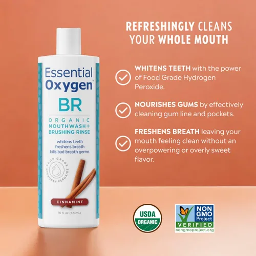 Vista 2 de Essential Oxygen, Enjuague de cepillado orgánico certificado, Cinnamint, 16 onzas líquidas, enjuague bucal totalmente natural para dientes más