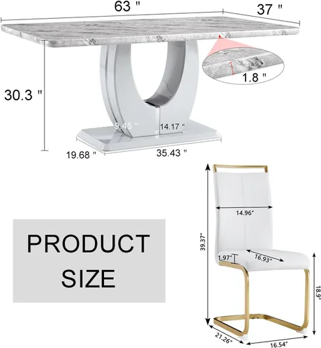 Vista 3 de JUFU Moderno juego de mesa de comedor para 6, mesa de cocina rectangular con mesa de mármol sintético y 6 sillas tapizadas de piel sintética, ideal