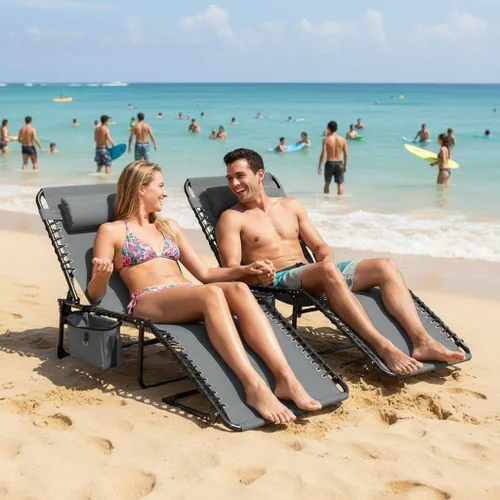 Vista 6 de Tumbona plegable para exteriores, silla de bronceado ajustable de 5 posiciones con almohada extraíble, bolsillo lateral y asa de transporte para Gris