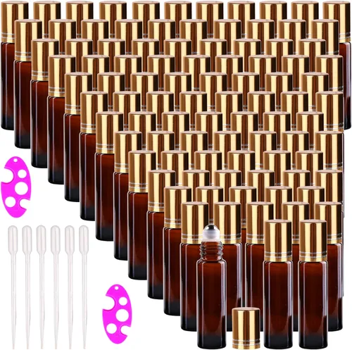 inice Aplicador de aceites esenciales de 100 botellas de rodillo ámbar Galss de 3.4 fl oz con casquillo de aleación de aluminio de bolas de rodillo
