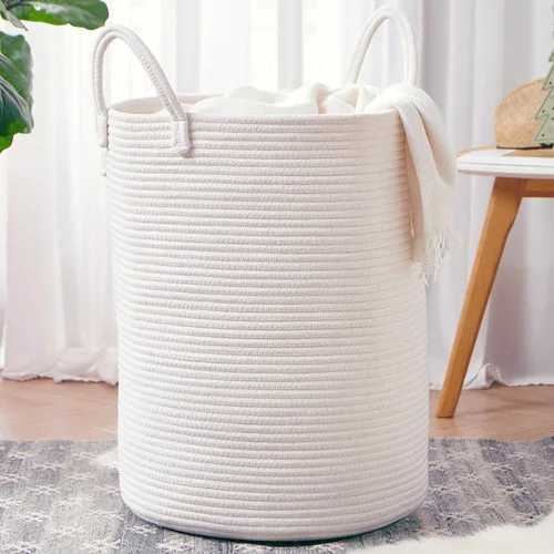 Vista 20 de Cesta de lavandería de 62L en negro con cuerda trenzada, cesta de almacenamiento para ropa y mantas, cesta alta y moderna para sala de estar