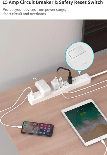 Vista 8 de Cable de extensión de 15 pies, protector de sobretensiones de 6 salidas, tira de alimentación larga y resistente de enchufe plano, enchufe plano