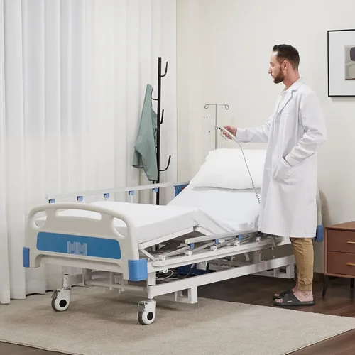 Vista 5 de Cama de hospital eléctrica de 3 funciones premium con colchón y poste IV.
