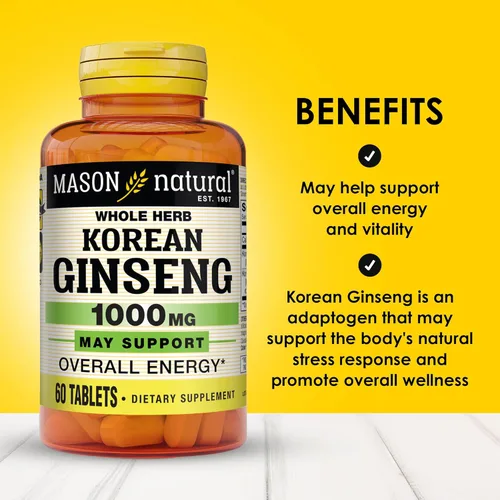 Vista 2 de MASON NATURAL Ginseng coreano 1,000 mg, apoya energía, resistencia y vitalidad, 60 tabletas