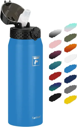 Vista 64 de Fanhaw Botella de agua aislada de acero inoxidable de 40 onzas con tapa con popote, botella deportiva extragrande a prueba de fugas para hombres