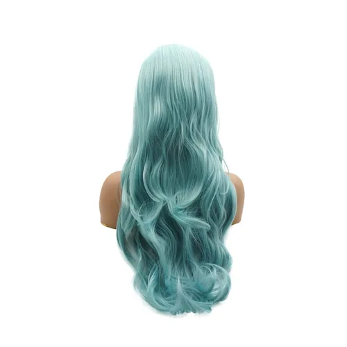 Vista 4 de LUSHY BEAUTY Peluca de cabello sintético con encaje frontal, ondulado, largo, 26 pulgadas, mezcla gris y azul, resistente al calor, peluca realista