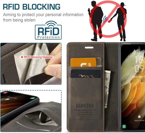 Vista 3 de Funda tipo cartera para Samsung Galaxy S21 5G con tarjetero y bloqueo RFID, función atril magnética, funda de piel con tapa para Samsung Galaxy S21