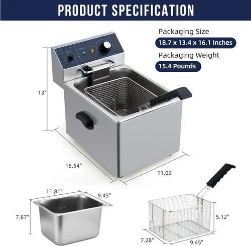 Vista 4 de GarveeHome Freidora eléctrica de acero inoxidable con cesta, freidoras de encimera de 8 L/8.45 cuartos de galón, freidora eléctrica de un solo