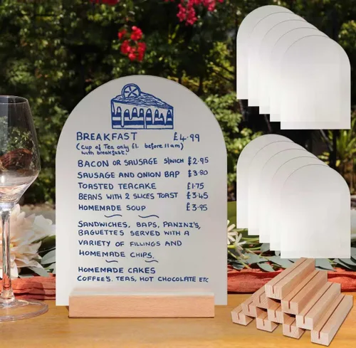 Vista 11 de Letrero acrílico esmerilado en blanco con soportes de madera, paquete de 10 letreros personalizables para números de mesa de boda, fiesta