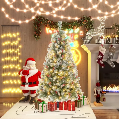 Vista 6 de Goplus Árbol de Navidad preiluminado de 5 pies, árbol de Navidad artificial con bisagras con 200 luces LED de color blanco cálido, 8 modos