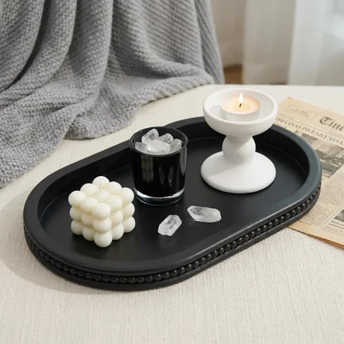 Vista 9 de Hanobe - Bandejas decorativas para mesa de café: Bandeja central ovalada negra de madera para decoración de entrada de casa de campo, bandeja