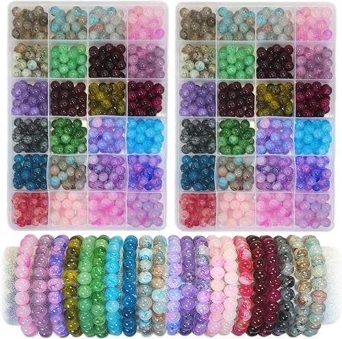 Kit para hacer pulseras de 1200 piezas de cuentas de vidrio de 8mm, cuentas de cristal de 24 colores para hacer joyas, 2 cajas de cuentas de