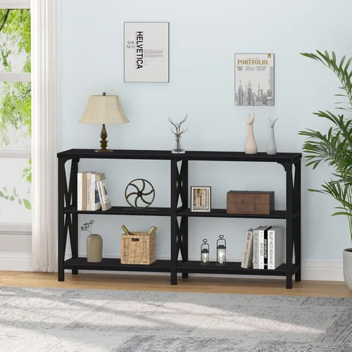 Vista 26 de IBF Mesa de entrada de granja, mesa consola larga rústica detrás del sofá, moderna mesa de sofá de madera de metal con estantes de almacenamiento