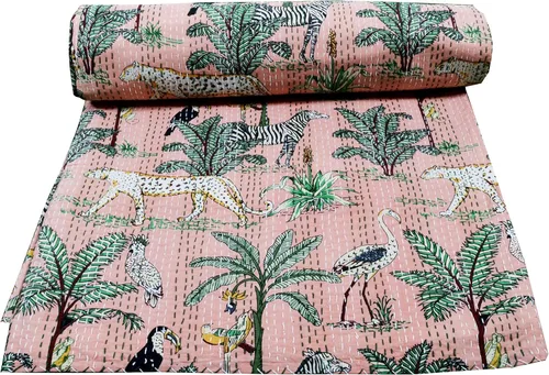 Vista 13 de Colcha de algodón reversible con estampado floral indio Kantha con estampado de animales, tamaño Twin/Queen/King, Vintage Kantha Gudari (King, beige)