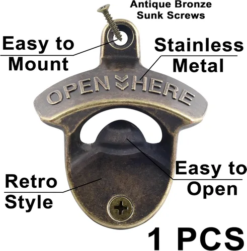 Vista 2 de Abrebotellas montado en la pared, bronce antiguo, abrebotellas de cerveza retro, montaje para poste, barbacoa, KTV, cocina