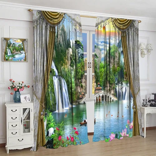 Vista 5 de Cortinas de ventana de cascada 3D, paisaje natural, cascada junto al lago, estampado de bosques verdes, decoración del hogar, dormitorio, sala