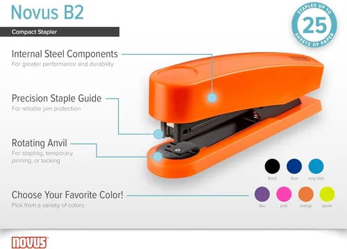 Vista 5 de Novus Engrapadora compacta B2, capacidad de 25 hojas, guía de grapas de precisión, ingeniería alemana, grapa, pasador, tachuela, negro (020-1255)