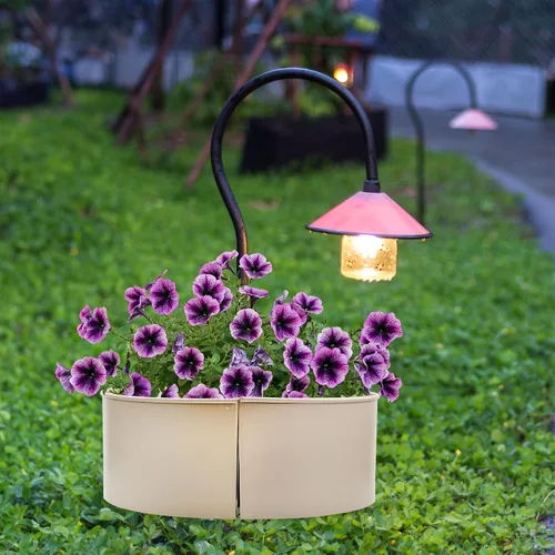Vista 5 de AuldHome Design Maceta de Sombrilla para Mesa de Patio (Beige/Greige), con Agujero para Sombrilla, Macetas de Medio Círculo de Esmalte Negro