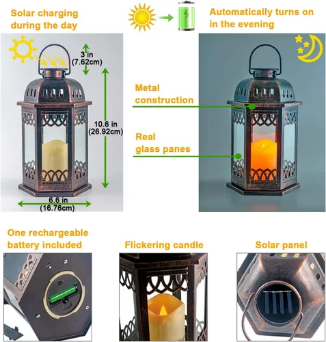 Vista 2 de SteadyDoggie Paquete de 2 faroles solares de bronce, faroles colgantes retro ornamentados con asa, linterna para exteriores con vela LED