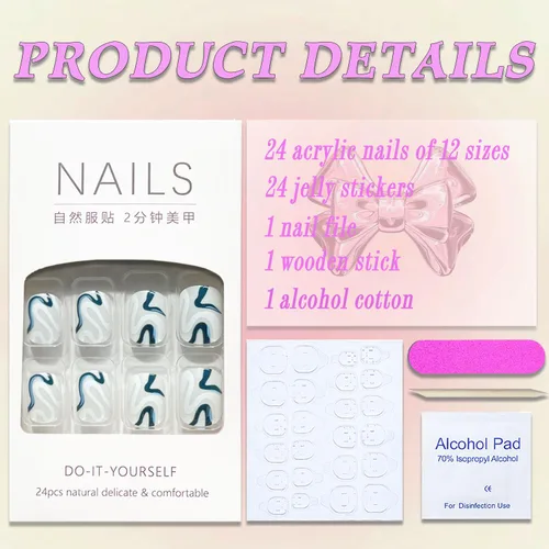 Vista 30 de Uñas postizas cuadradas cortas a presión, uñas postizas azules de cobertura completa con diseños de remolinos, uñas acrílicas brillantes de línea