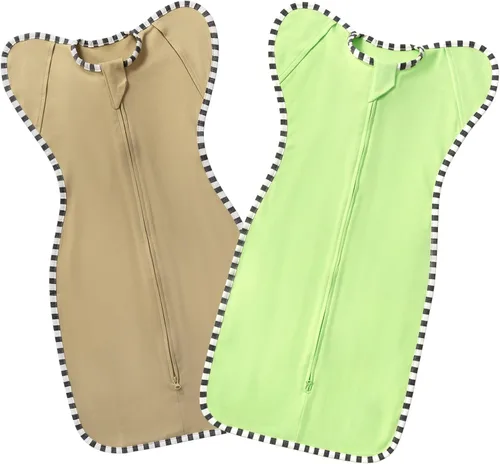 Vista 8 de Swaddling - Saco de dormir para recién nacido, paquete de 2 unidades, 100% algodón, diseño de brazos hacia arriba con cremallera de 2 vías, manta