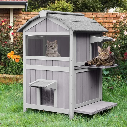Vista 2 de Suumerpety Casa aislada para gatos al aire libre, refugio de madera resistente a la intemperie para gatos con forro, recintos para gatitos, casa