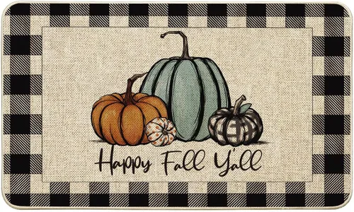Vista 11 de Felpudo "Happy Fall Y'all" de otoño con diseño de calabaza a cuadros de búfalo, alfombras de pasillo de granja de otoño, tapete de piso de entrada