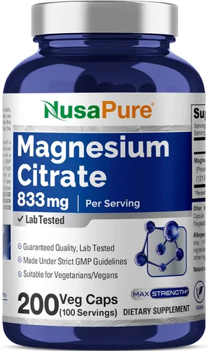 NusaPure Citrato de magnesio 833 mg - 200 cápsulas vegetales (vegetariano, sin OMG, sin gluten)