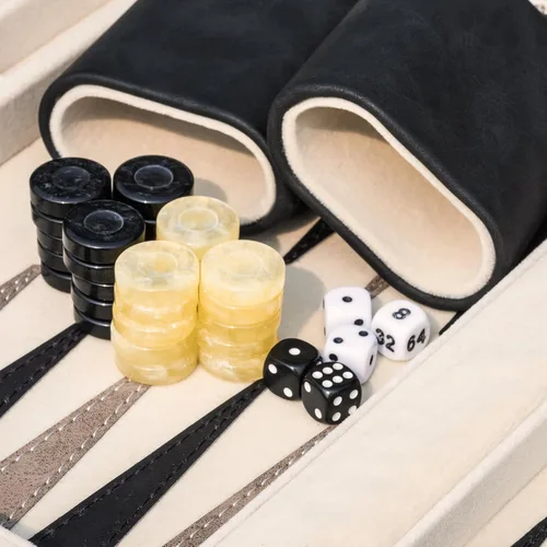 Vista 3 de Juegos de backgammon Lingle para adultos, juego de mesa clásico con estuche plegable de cuero sintético para backgammon, juego de backgammon Negro