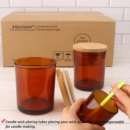 Vista 7 de MILIVIXAY Paquete de 12 tarros de vela de vidrio ámbar de 7 onzas con tapas y kits de fabricación de velas, tarros de velas vacíos a granel