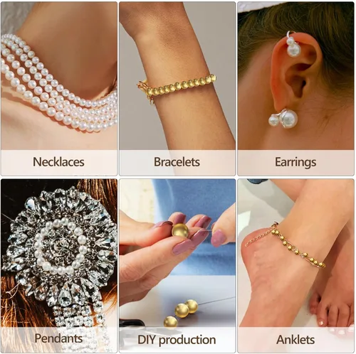 Vista 4 de Cuentas de latón chapadas en oro, cuentas de perlas para manualidades, perlas redondas blancas, cuentas espaciadoras sueltas, cuentas de metal