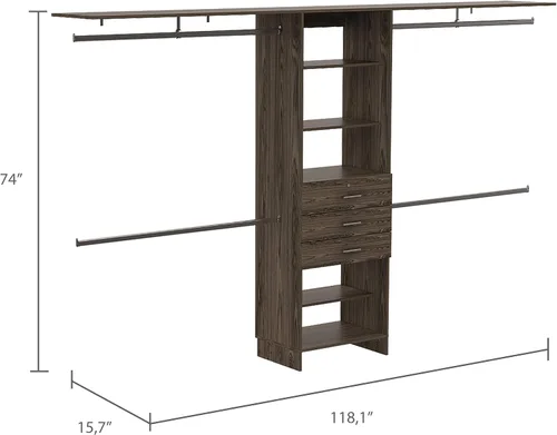 Vista 8 de Closet System 69" W 118" W, Four Hanging Rods, Three Drawers, Five Shelves, Dark Walnut