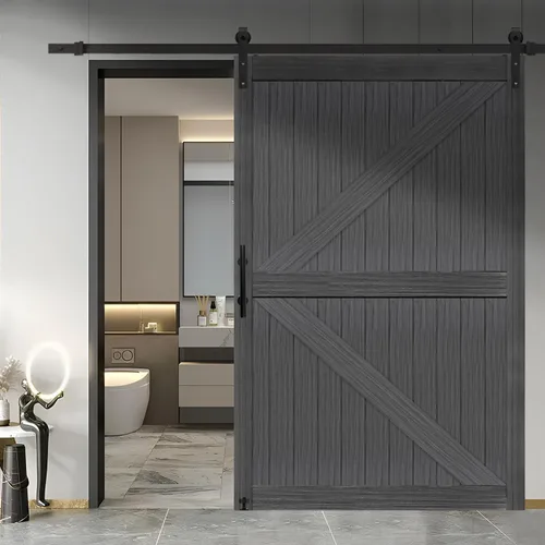 Vista 27 de S&Z TOPHAND® Puerta de granero doble de MDF de 18 x 84 pulgadas con kit de herrajes para puerta corredera de 6 pies, tablero sólido de puerta