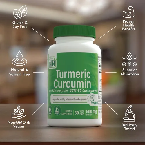 Vista 4 de Health Thru Nutrition Complejo de curcumina de cúrcuma de 500 mg como BCM-95 Curcugreen clínicamente estudiado Certificado vegano