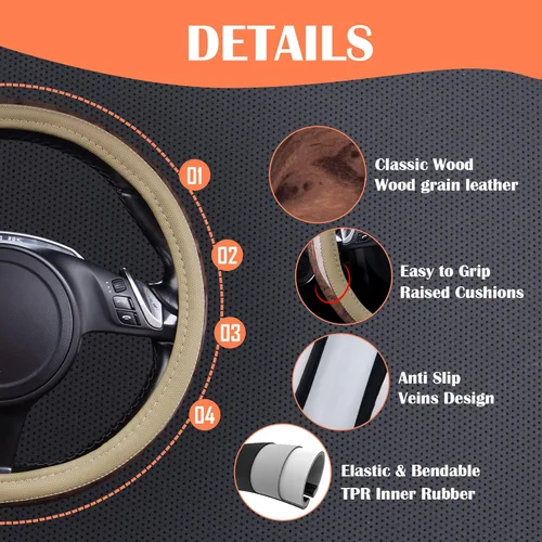 Vista 4 de CAR PASS - Funda de volante de cuero de grano de madera de 14.5-15 pulgadas de microfibra, diseño antideslizante con vetas, funda universal