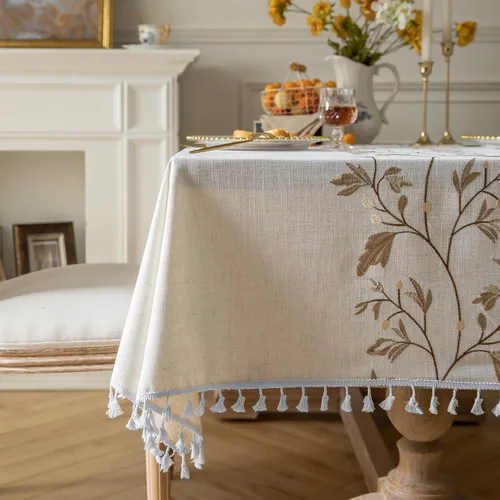 Vista 4 de Oubonun Mantel cuadrado de lino de algodón, resistente a las arrugas y al agua, lavable a máquina con borlas para cocina y comedor, 55 x 55