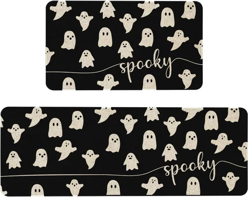 Mloabuc® Happy Halloween - Juego de 2 tapetes de cocina, alfombra de cocina decorativa negra espeluznante con texto divertido, alfombra de piso