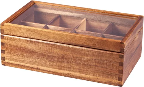 KITEISCAT Caja organizadora de té de madera de acacia, 8 compartimentos, solución de almacenamiento multifuncional para bolsitas de té