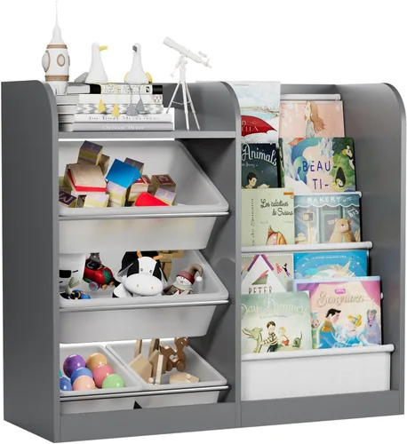 Estantería de madera gris para niños, caja de almacenamiento de juguetes, estante organizador con 4 contenedores de plástico extraíbles para