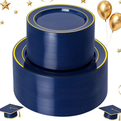 NOCCUR 200 platos de plástico azul marino para 100 invitados, incluye 100 platos desechables de postre de 10 pulgadas, 100 platos desechables de