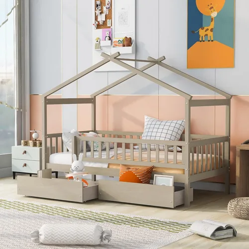 Vista 20 de Cama de madera de tamaño individual con dos cajones y techo, cama de plataforma con 2 cabeceros, para dormitorio de niños, adolescentes, niñas