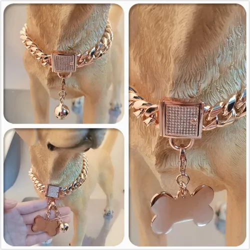Vista 6 de Collar de perro con cadena de oro rosa de 0.394 pulgadas/0.555 pulgadas, collar de perro con eslabones cubanos a prueba de mordidas, collar