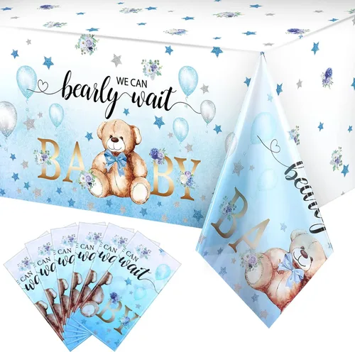 Vista 13 de Tegeme Paquete de 1 mantel de plástico para baby shower, con diseño de oso con texto en inglés «We Can Bearly Wait», para fiestas de cumpleaños