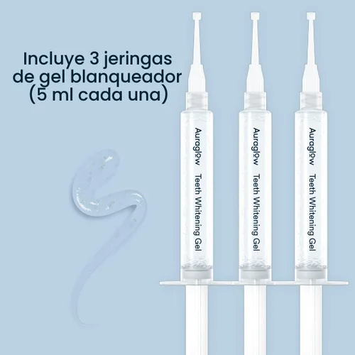 Vista 4 de Gel blanqueador Auraglow, jeringa paquete de relleno, 44% Peróxido de Carbamida, (3) Jeringas de 0.17 onzas líquidas, +30 tratamientos.