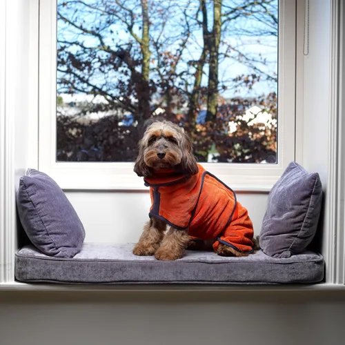 Vista 2 de Lucky Pooch® Bata de baño para perro, lujosa bata de baño para perro, ultra absorbente, ¡seca a tus perros en minutos! Doble capa, toalla súper