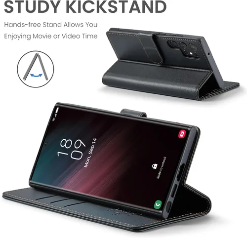 Vista 4 de FLIPALM Funda tipo cartera para Samsung Galaxy S23 Ultra, con bloqueo RFID, soporte para tarjetas de crédito, de piel sintética, función atril