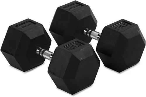 Vista 12 de Titan Fitness Pair Rubber Coated Hex Dumbbells, Roll-Resistant Hexagonal Free Weights, Chrome-Coated Handles with Knurling, Strength Training